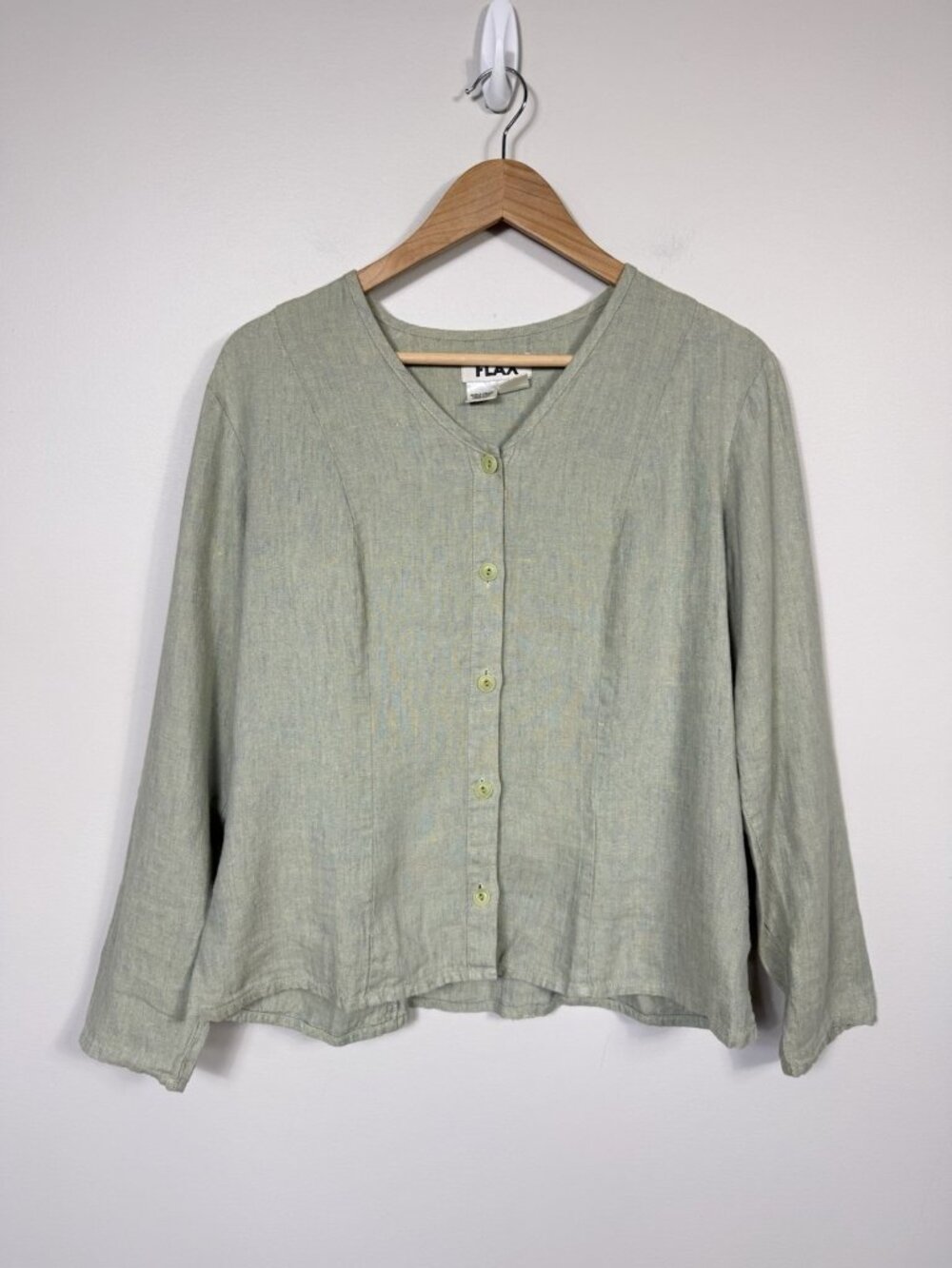 FLAX Top Womens Small Button Down Collarless Blouse Long Sleeve Lagenlook Green